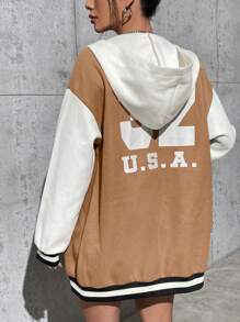 Flirla Women's Hooded Woolen Jacket With Letter Print