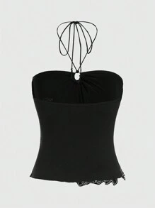 ROMWE Fairycore Vintage Beaded Applique Flower Pattern Halter Top With Round Buckle - Black - View 2