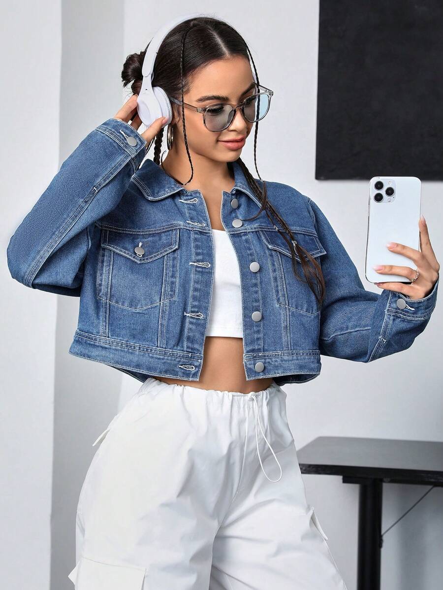 SHEIN EZwear 女士長袖牛仔夾克 - 深色水洗藍 - 查看 1