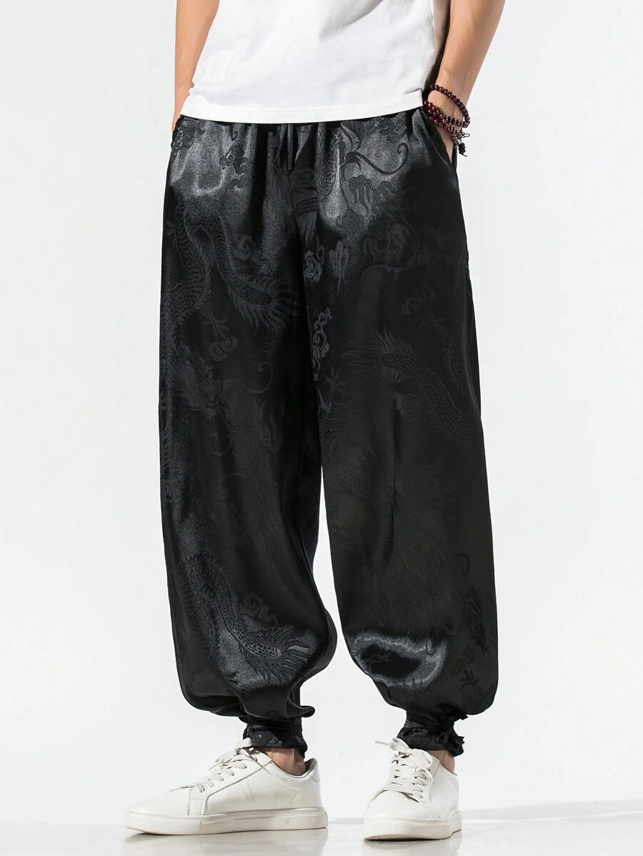 風提花寬鬆休閒褲男士低襠褲 - 黑色 - 查看 1
