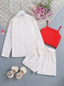 Girls' Solid Color Camisole Top And Heart Printed Jacket & Shorts Set - Red - View 2
