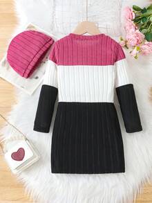 SHEIN Young Girl Soft Round Neck Long Sleeve Ribbed Sweater Dress With Patchwork Design And Beanie Hat For Autumn - Hot Pink - View 2