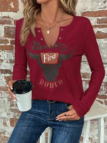 SHEIN Clasi 女士字母與公牛頭印花長袖t恤 - 紅色 - 查看 3