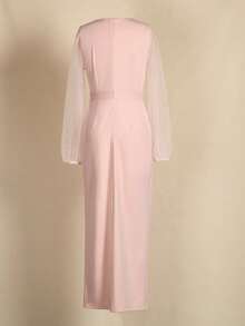 女士 V 领长袖收腰网眼灯笼袖连衣裙 - 粉色 - 查看 2