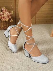 時尚、舒適、百搭的春秋鏈帶中空高跟厚底仙女風鞋款 - 銀色 - 查看 3
