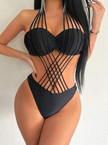 SHEIN Swim 中空交叉一件式泳衣 - 黑色 - 查看 1