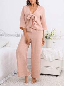 情人節女士純色睡衣套裝 - 粉色 - 查看 4