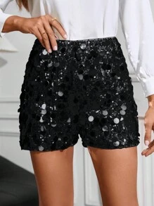Gownix Elastic Waist Solid Color Sequin Shorts For Party - Black - View 3