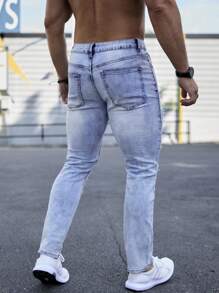 Manfinity Roughcore Men's Ripped Jeans, Plain Slim Fit Long Light Blue Frayed Jeans, For Husband, Boyfriend Gifts - Blue - View 2