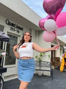 SHEIN EZwear 大尺碼女士草莓圖案蕾絲邊背心，適用於夏季 - 白色 - 查看 7