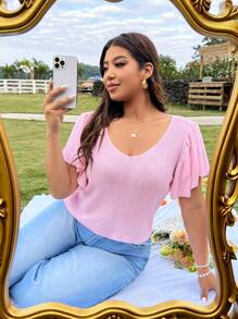 SHEIN MOOSTA 女式大尺碼時尚設計荷葉袖v領針織上衣 - 粉色 - 查看 1