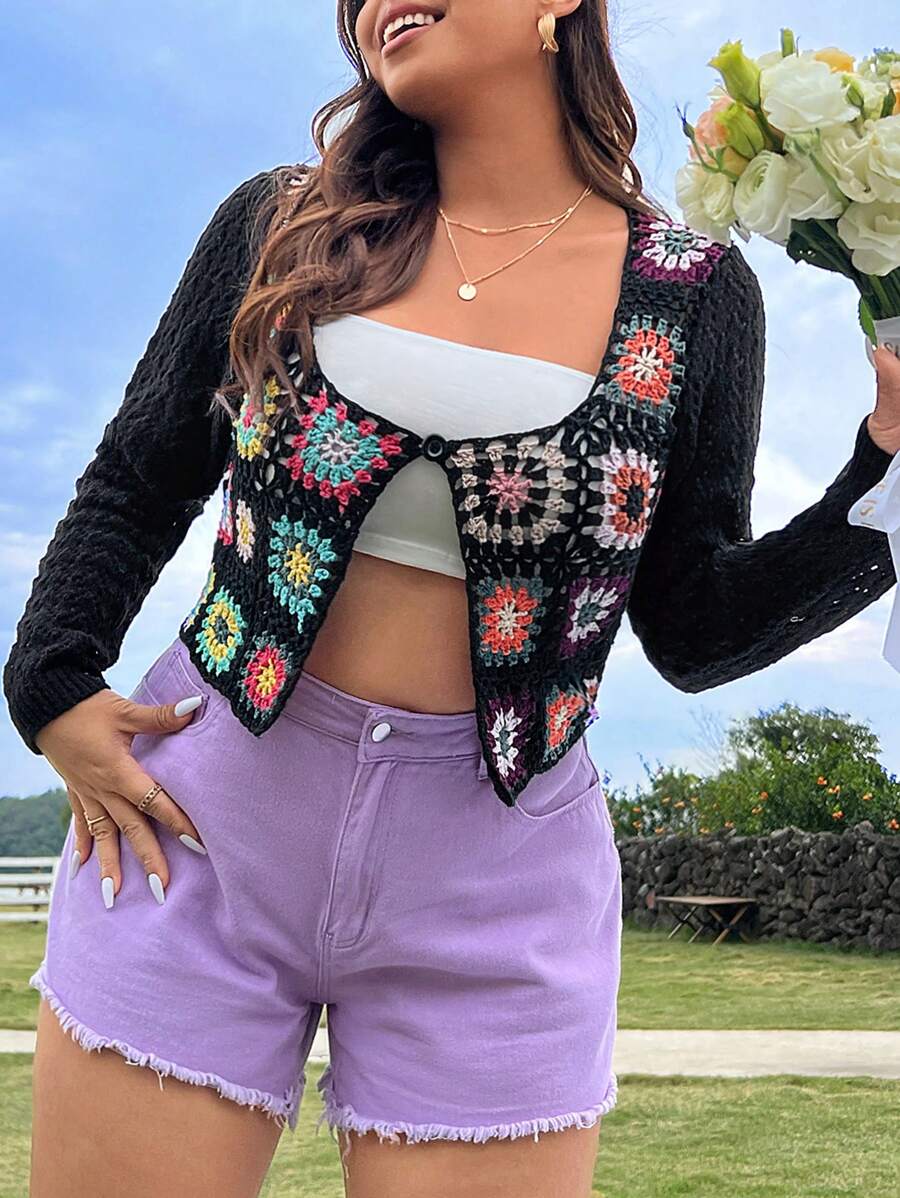 Flirla Plus Size Women's Floral Pattern Long Sleeve Cardigan