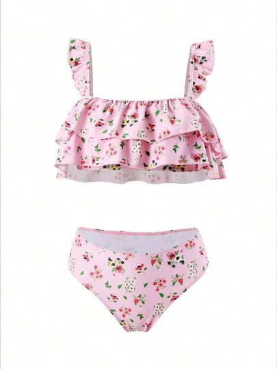 SHEIN Swim طقم بكيني مطبّع بطبعات زهرية عشوائية متعدد الطبقات من الكشكشة ، صيفي