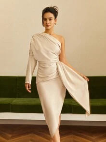 Women'S One Shoulder Long Sleeve Ruffle Detail Dress With Side Split - Champagne - View 3