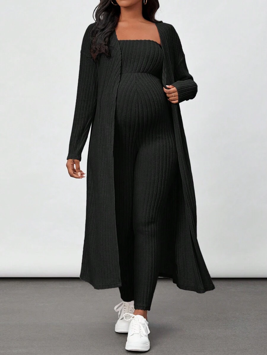 SHEIN Maternity Solid Color Strapless Bodycon Jumpsuit And Open Front Coat 2pcs/Set - Black - View 1