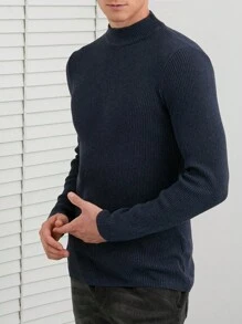 SHEIN Cottnline Men Solid Ribbed Knit Sweater - Navy Blue - View 3
