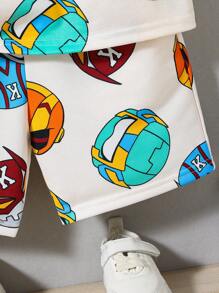 Young Boy 2pcs/Set Cute Casual Street Style Cartoon Print Loose-Fit Comfortable Drop Shoulder T-Shirt And Shorts Spring/Summer Outfits Suitable , Home Wearing, School - Apricot - View 5