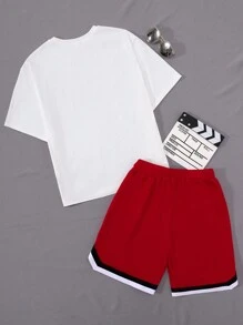 青少年男孩休闲运动 T 恤和短裤套装，带印花图案和裤脚编织装饰 - 彩色 - 查看 2