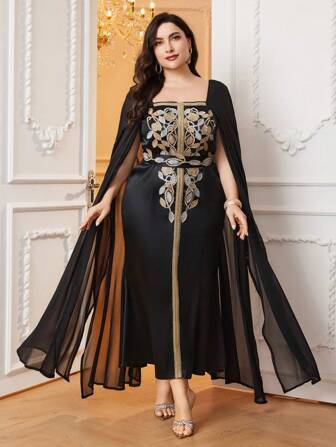 Al Najma 大码女式植物刺绣斗篷袖连衣裙，优雅晚会超长适度长袖连衣裙