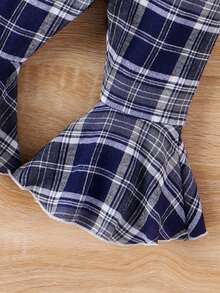 Baby Girls' Solid Color Ruffle Trim Romper With Plaid Flare Pants Set - Blue - View 4