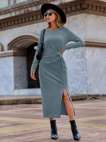 SHEIN Clasi Twist Detailing Front Slit Hem Long Sleeve Dress - Medium Wash - View 4