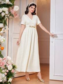 Modelyn 女士系带连衣裙，优雅晚会礼服长款晚礼服 - 杏色 - 查看 6