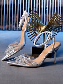 女士銀色綁帶腕環尖頭細高跟鞋,鑲有鑽石裝飾和蝴蝶結細節,優雅性感 - 銀色 - 查看 8