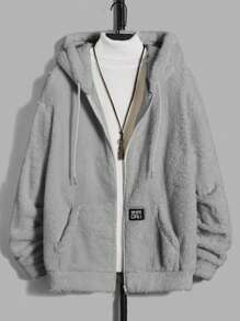 Manfinity RebelGame 宽松男士连帽毛绒夹克，拉链开合和抽绳设计，刺绣字母拼布 - 淺灰色 - 查看 1