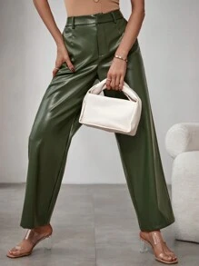 SHEIN BIZwear 女式純色pu皮褲 - 軍綠色 - 查看 4