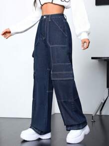 SHEIN EZwear Ladies' Cargo Style Denim Pants With Pockets - Dark Wash - View 4