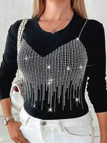 Calvaya 大码水钻印花二合一长袖T恤，春季女式上衣 - 黑色 - 查看 7