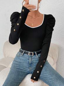 SHEIN Essnce Women's Contrast Color Sweetheart Collar Leg-Of-Mutton Sleeve T-Shirt With Metallic Decoration Buttons - Black - View 1