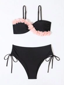 SHEIN Swim Ladies' Contrast Color & Frill Trim Bikini Set Summer Beach