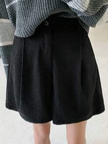 DAZY 女款純色折疊褶襉休閒短褲 - 黑色 - 查看 7