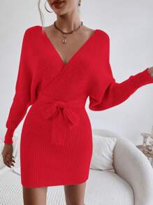 SHEIN Privé 女性編織蝙蝠袖毛衣裙,腰帶設計 - 紅色 - 查看 1