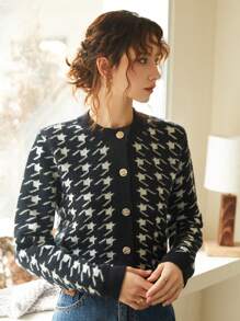 Knit Mix Women Houndstooth Cropped Cardigan - Black - View 1