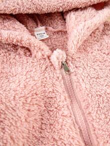 SHEIN Tween Girls' Hooded Plush Jacket With Cute Ears And Zipper Front - Pink - View 7