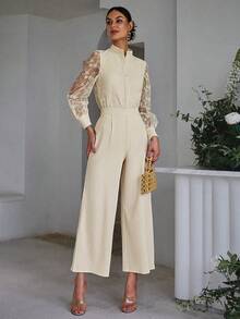 女士透視網眼上衣和褲子套裝,帶有植物刺繡 - 杏色 - 查看 6