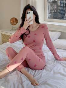 DAZY Bộ đồ ngủ tay dài và quần dài in hình trái tim cho nữ mùa thu đông - Hồng - Xem 5
