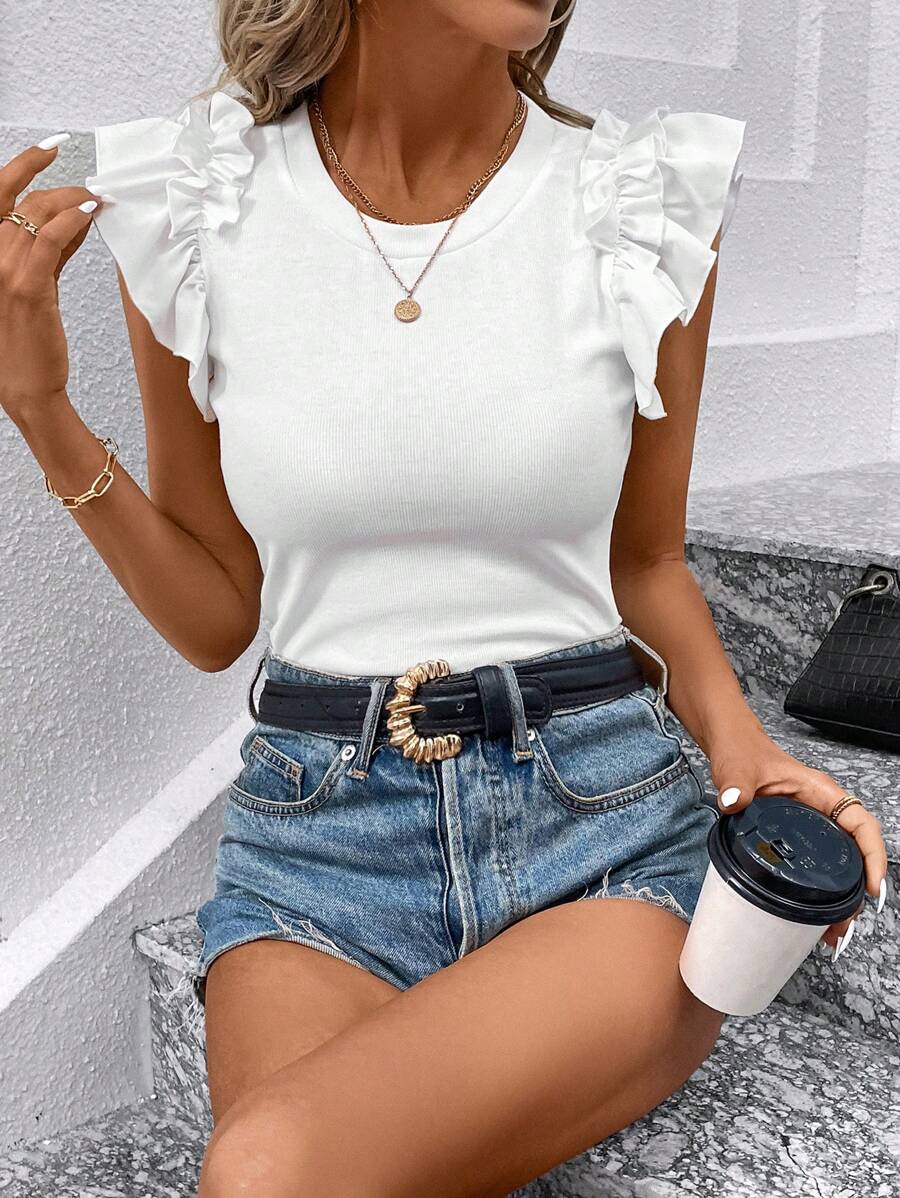 SHEIN Clasi Spring Break Ruffle Trim Scoop Neck Butterfly Sleeve Peplum  Tee - White - View 1
