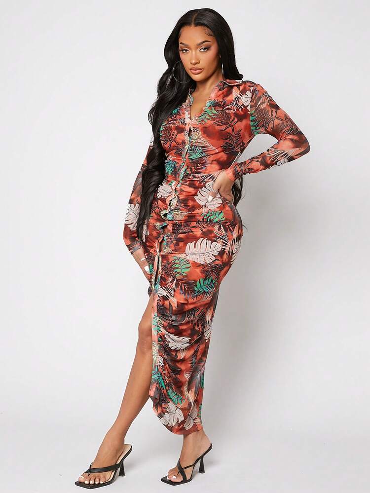 Women'S Botanical Printed Button Up Placket Side Slit Dress