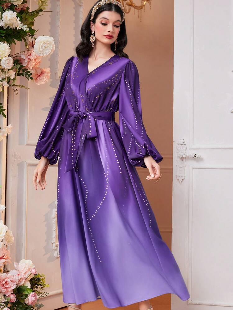 Women'S Ombre Print Lantern Sleeve Belted Dress Long Evening Dresses