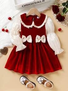 女嬰雙色前蝴蝶結彼得潘領荷葉袖前蝴蝶結洋裝 - 紅色 - 查看 1