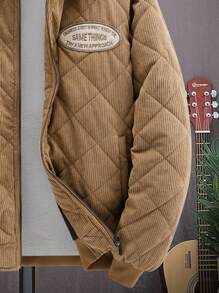 Aesthetic Post 男式带帽宽松灯芯绒棉服配字母补丁 - 卡其色 - 查看 4