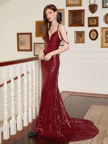 酒紅色cami V領女式晚禮服（重工業風格） - 酒紅色 - 查看 3