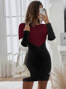 SHEIN Clasi 女士色塊超大翻肩毛衣連衣裙 - 酒紅色 - 查看 3