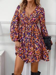 SHEIN Frenchy Của phụ nữ In Tay áo lồng đèn Đầm - Nhiều màu - Xem 5