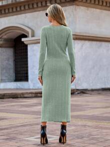 SHEIN Clasi 扭褶細節開衩下擺長袖連身裙 - 綠色 - 查看 2