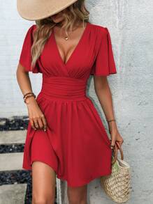 EMERY ROSE Wrap Neckline Flared Sleeve Dress For New Year Clothes - Red - View 7