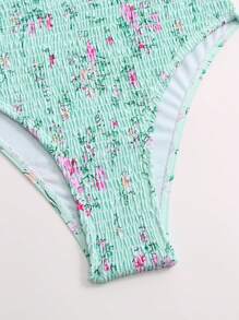 SHEIN Swim 随机碎花深 V 连体泳衣 夏季 - 綠色 - 查看 4